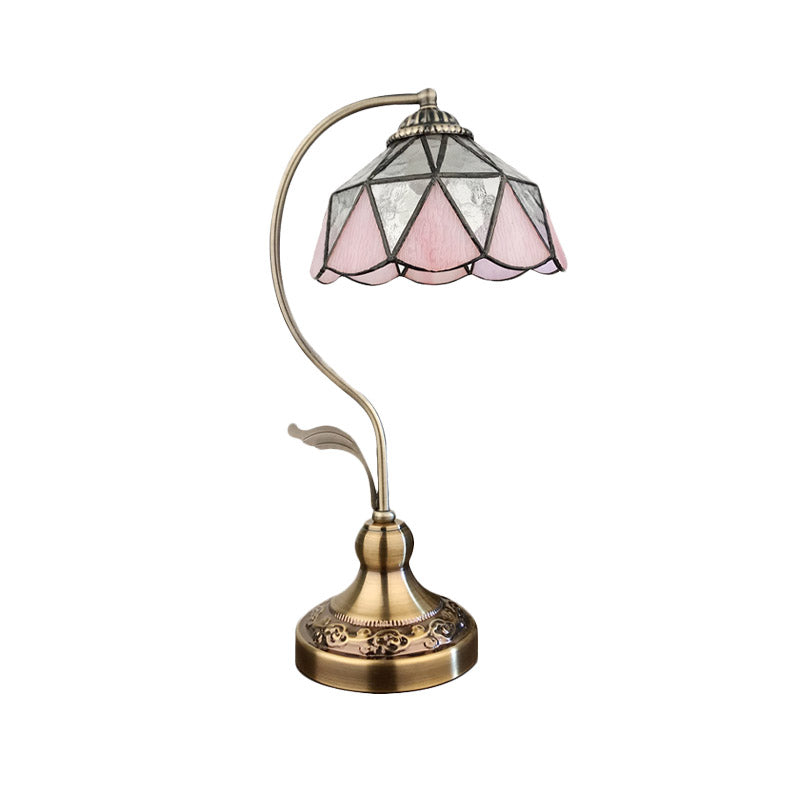 Barn Shape Table Lamp 1-Head Pink and Silver Triangle-Cut Glass Tiffany Nightstand Light in Bronze