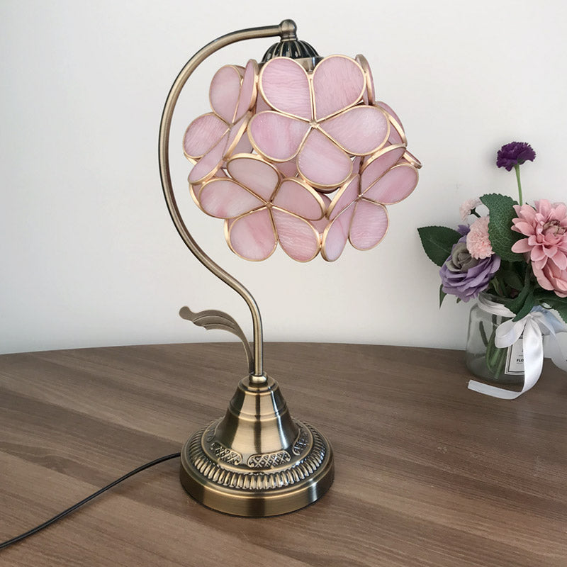 Pink Glass Cluster-Flower Table Light Romantic Tiffany Single Bronze Night Stand Lamp