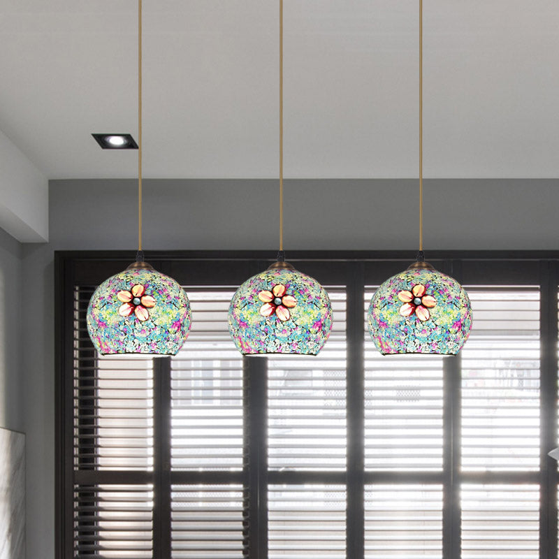 Tiffany Style Domed Multi Hanging Light 3 Heads Multicolored Flower Glass Suspension Lighting in Bronze