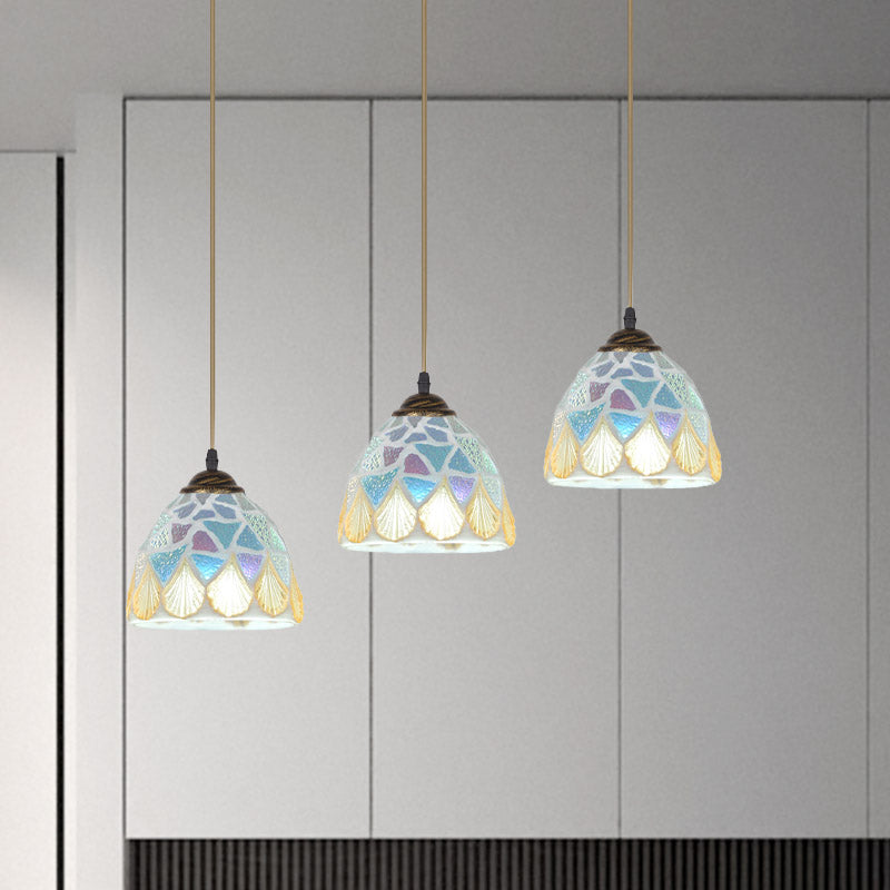 3 Heads Restaurant Drop Pendant Tiffany Bronze Multiple Hanging Lamp with Mosaic-Tile Bell Shell Shade