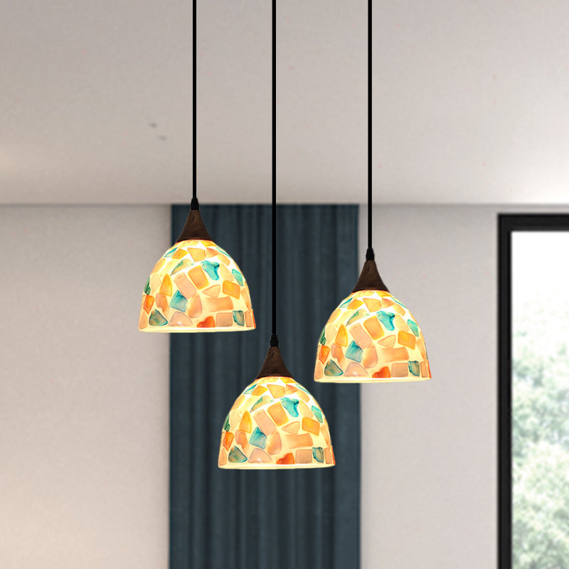 Bell-vormige mozaïek tegelschaal drop lamp tiffany-stijl 3 bollen bronzen multi-light hanger met ronde/lineaire luifel