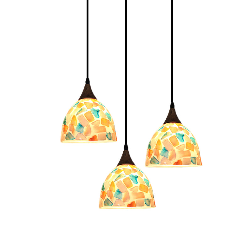 Lámpara de caída de carcasa de mosaico en forma de campana 3 bulbos de bronce colgante de luz múltiple con dosel redondo/lineal