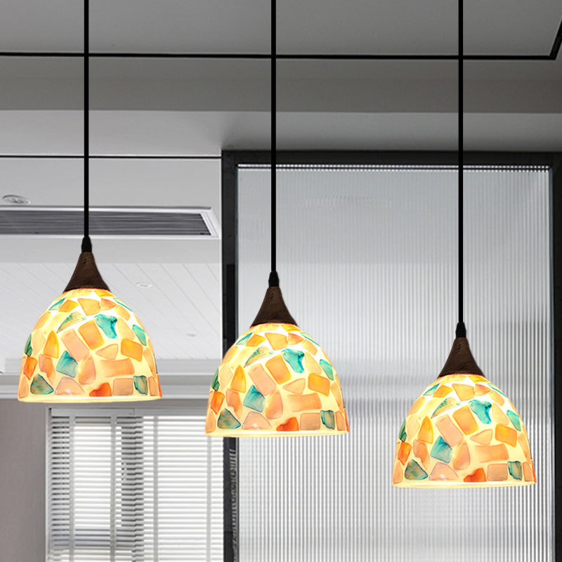 Bell-vormige mozaïek tegelschaal drop lamp tiffany-stijl 3 bollen bronzen multi-light hanger met ronde/lineaire luifel