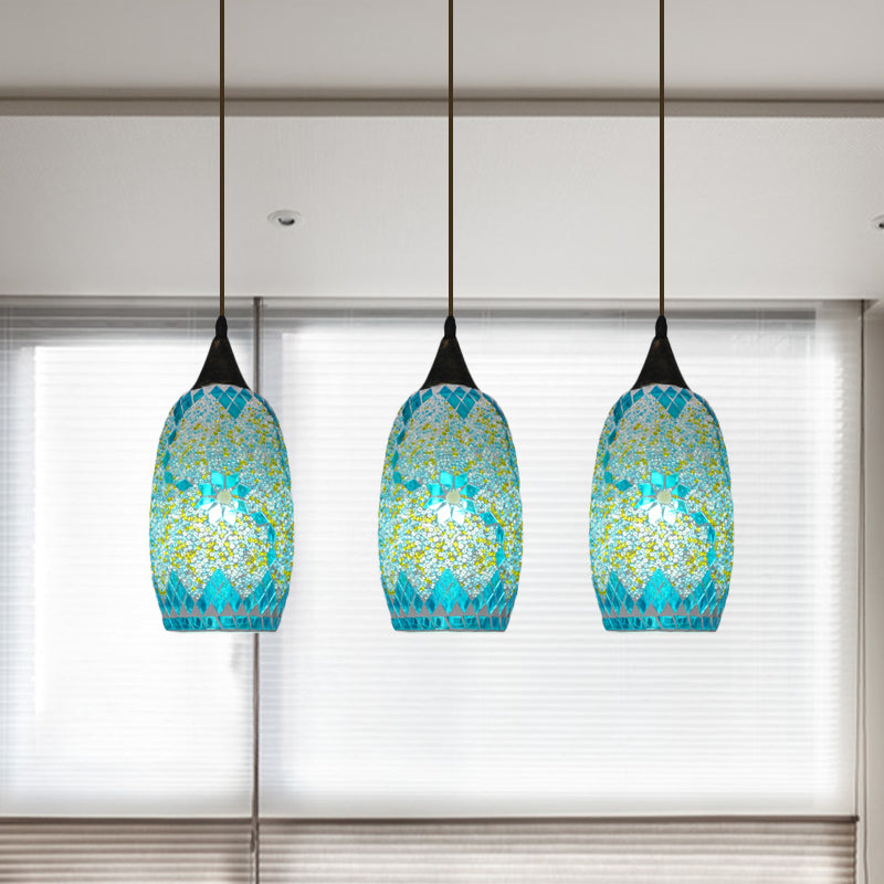 Blue Hand-Cut Glass Elliptical Pendant Tiffany 3 Heads Black Multi Hanging Light Fixture