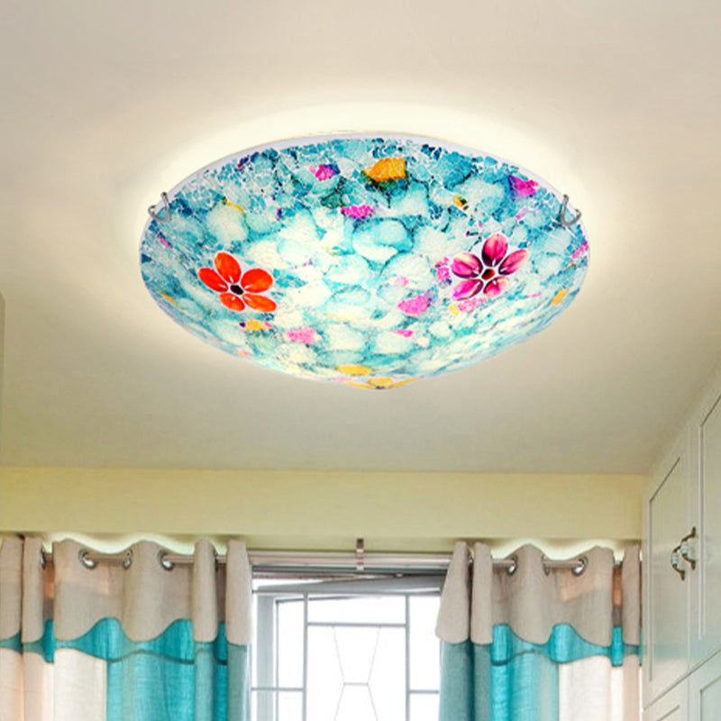 Tiffany Flower Bowl Flush Light Fixture 16 "/19.5" Wide 3/4 Luci Mano - Taglia Blu Vetro Close To Tetto Lampada