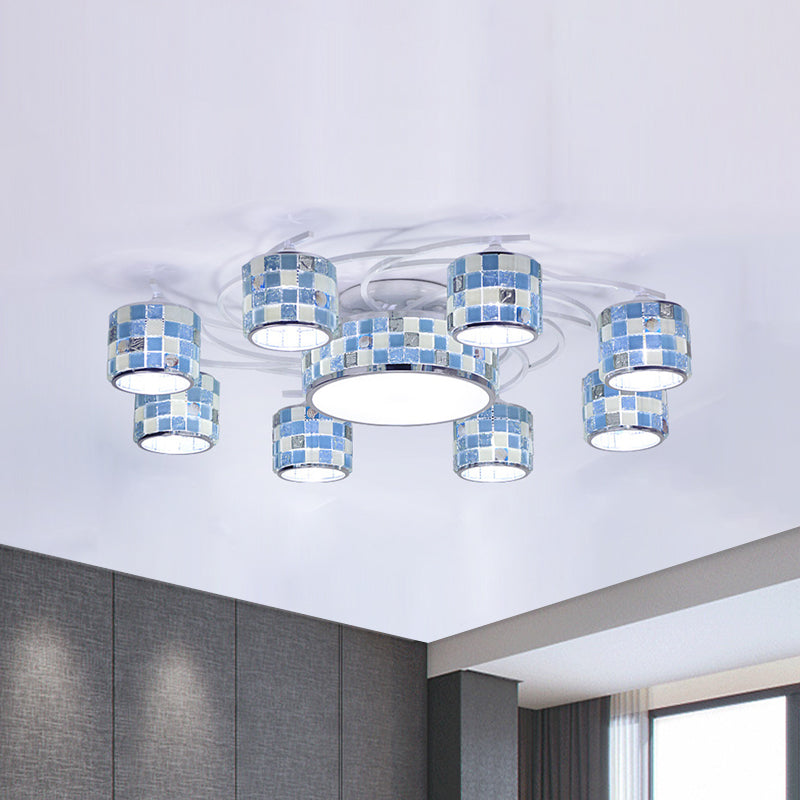 Mediterranean Drum Checkered Semi Flush 11 Heads Blue Glass Ceiling Mount Chandelier for Living Room