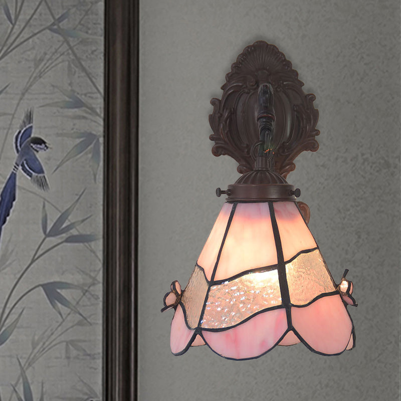 Pink Cut Glass Trapezoid Wall Lighting Mission 1 Light Bronze Flower Patterned Wall Mount Lamp for Dining Room