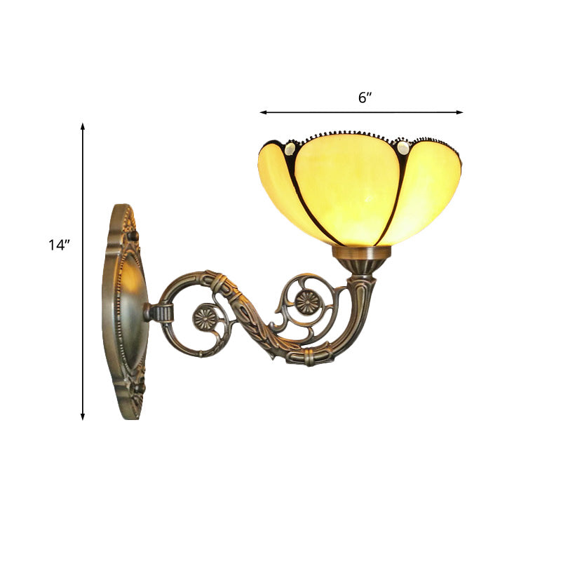 Bronze 1 Light Wall Sconce Light Baroque Beige Glass Scalloped Wall Mounted Lamp with Curved Arm