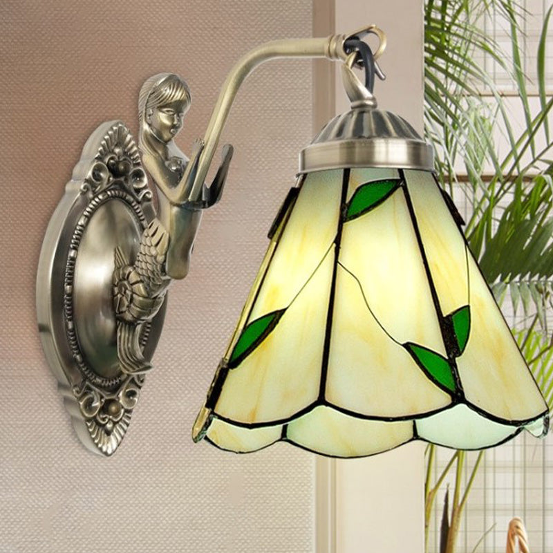 1 Head Conical Wall Sconce Lighting Mission White/Beige Glass Wall Mount Light Fixture with Mermaid Backplate