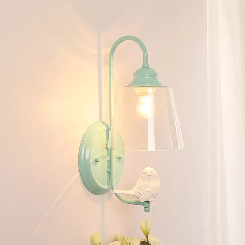 Duidelijke emmerwandlicht met vogel deco modern metalen en glazen sconce licht voor eetkamer