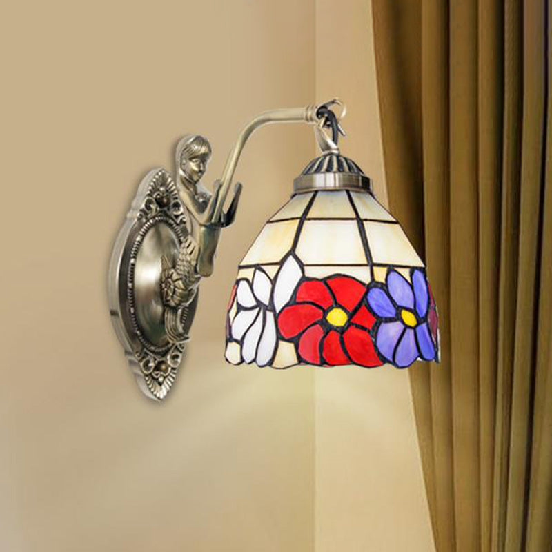 Cut Glass Beige/Orange Wall Mounted Light Bowl 1-Light Victorian Sunflower/Floral Patterned Surface Wall Sconce with Mermaid Arm