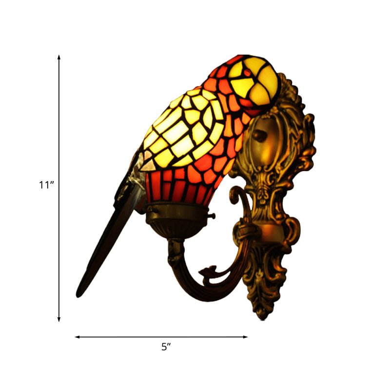 1 Light Wall Mounted Lighting Tiffany Parrot Shaped Stained Glass Sconce Light in Gold with Curvy Arm