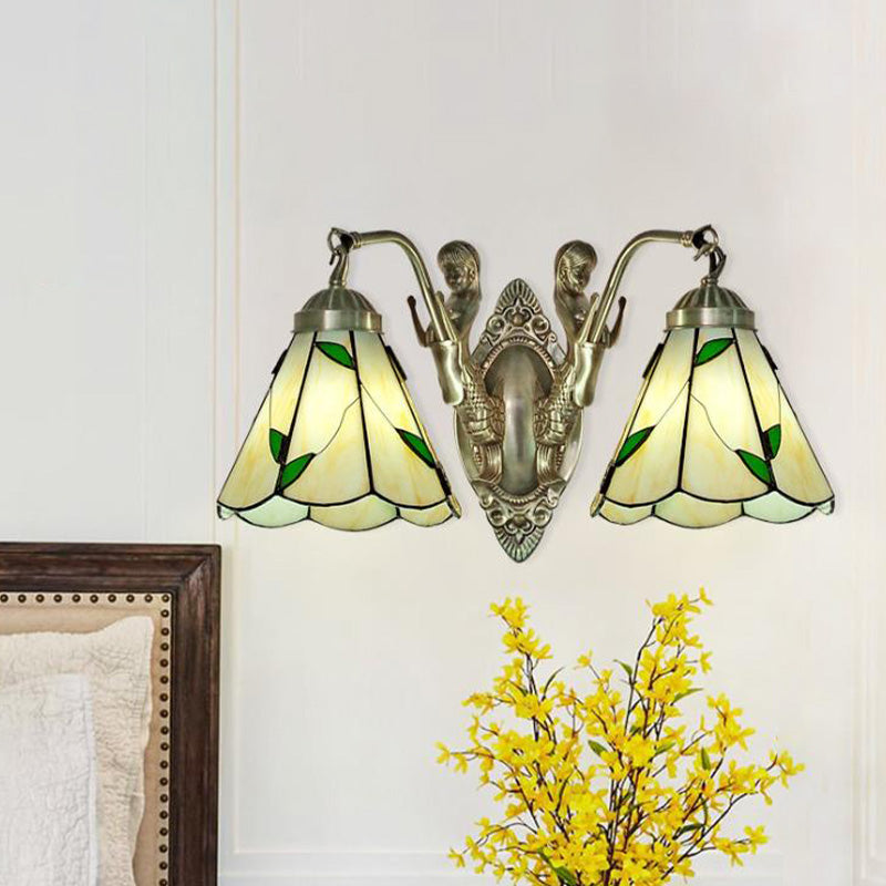 Mission Conic Wall Mount Lamp 2 Heads White/Beige Glass Sconce Light Fixture with Double Mermaid Arm