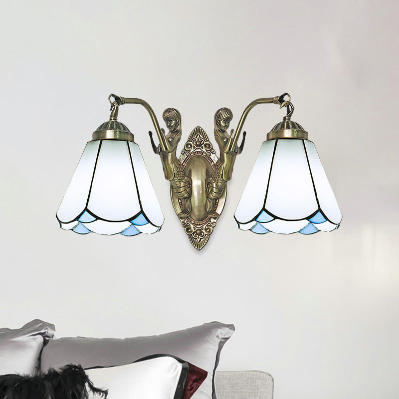 Mission Conic Wall Mount Lamp 2 Heads White/Beige Glass Sconce Light Fixture with Double Mermaid Arm