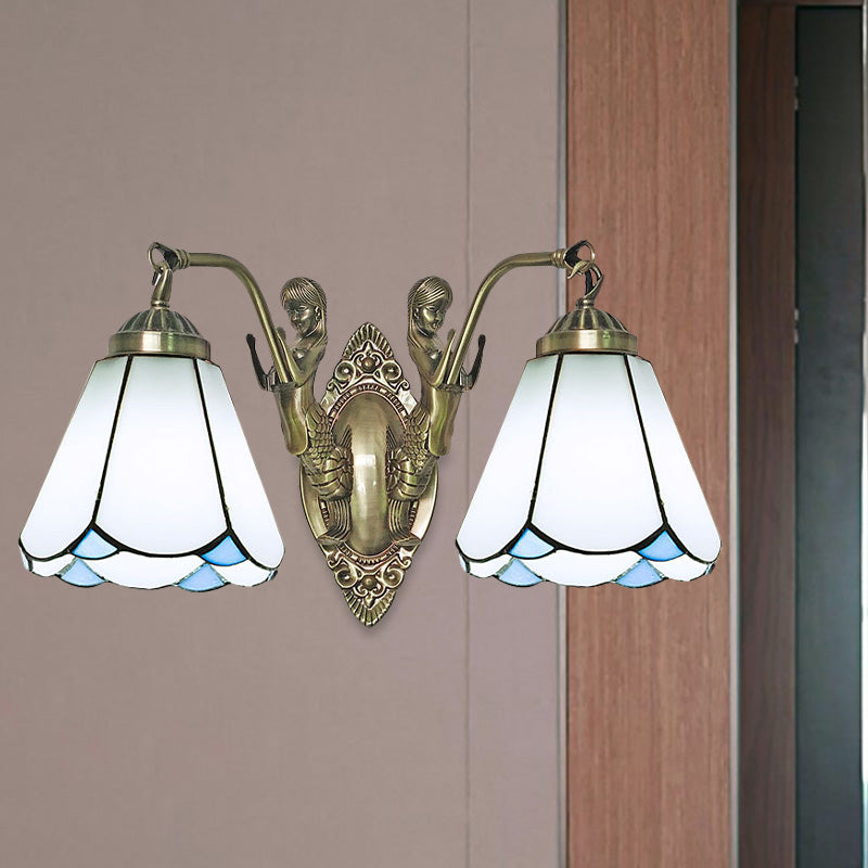 Mission Conic Wall Mount Lamp 2 Heads White/Beige Glass Sconce Light Fixture with Double Mermaid Arm