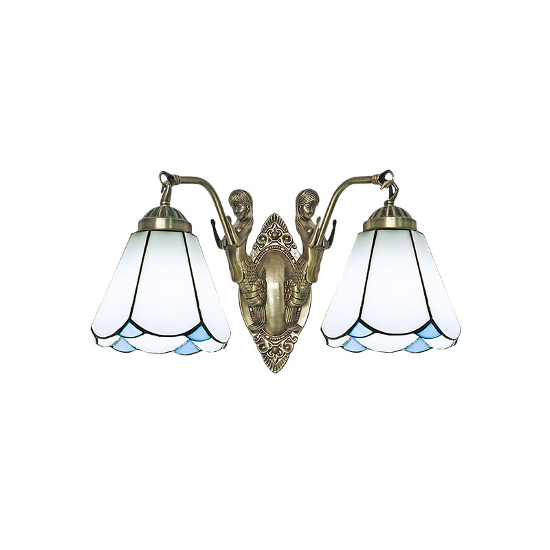 Mission Conic Wall Mount Lamp 2 Heads White/Beige Glass Sconce Light Fixture with Double Mermaid Arm