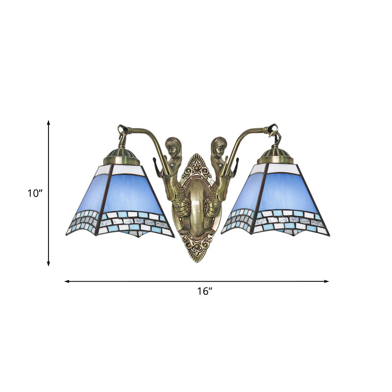 Blue 2-Light Wall Mount Light Mission Style Hand Cut Glass Swallowtail Wall Lighting with Mermaid Arm for Bedroom