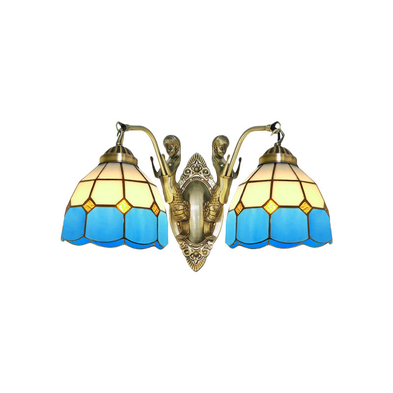 2-Head Domed Wall Mount Lighting Tiffany Dark Blue and White/Orange and White Stained Glass Mermaid Wall Sconce with Grid Pattern
