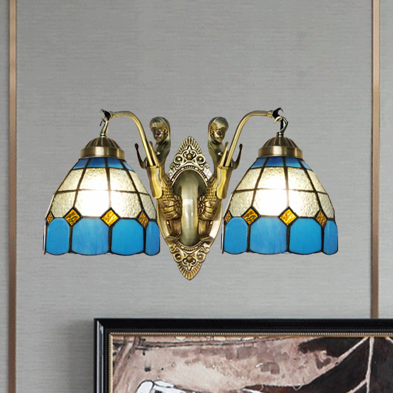 2-Head Domed Wall Mount Lighting Tiffany Dark Blue and White/Orange and White Stained Glass Mermaid Wall Sconce with Grid Pattern