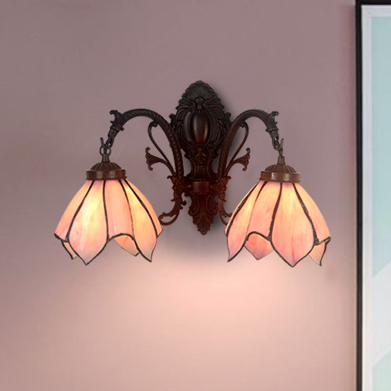 White/Pink Glass Copper Wall Light Sconce Lotus 2 Bulbs Victorian Wall Mount Lamp with Curved Arm
