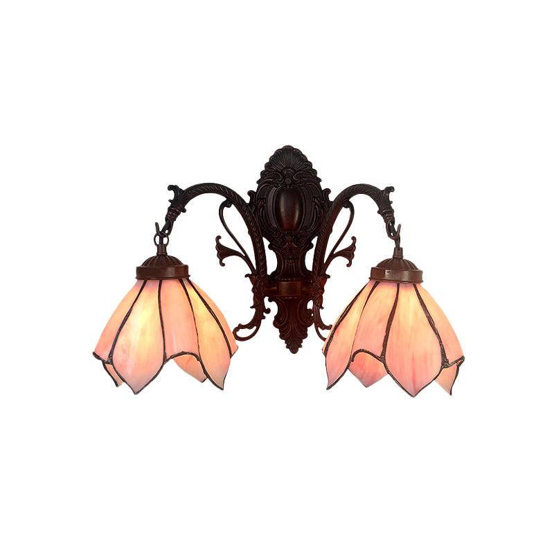 White/Pink Glass Copper Wall Light Sconce Lotus 2 Bulbs Victorian Wall Mount Lamp with Curved Arm