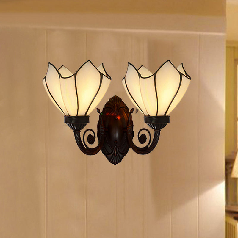 White/Pink Glass Copper Wall Light Sconce Lotus 2 Bulbs Victorian Wall Mount Lamp with Curved Arm