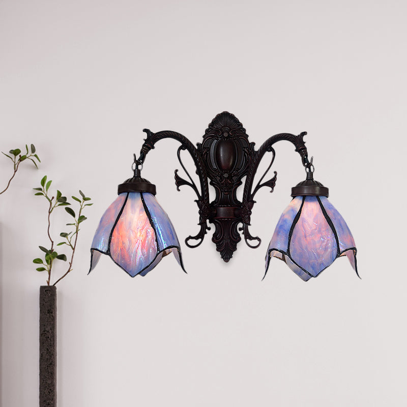 White/Pink Glass Copper Wall Light Sconce Lotus 2 Bulbs Victorian Wall Mount Lamp with Curved Arm
