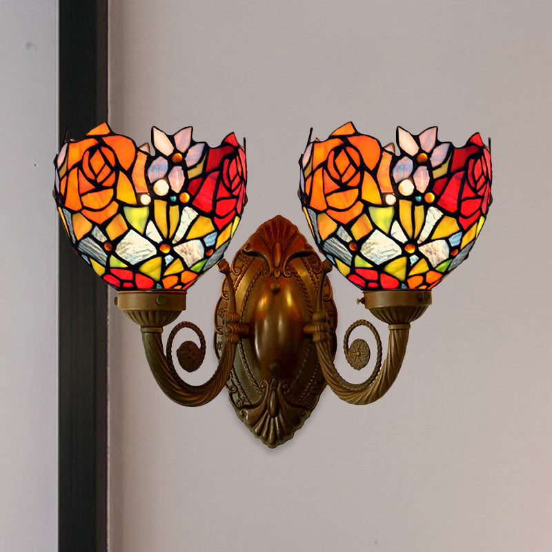 2 Lights Wall Sconce Light Tiffany Rose Patterned Stained Glass Wall Lamp in Bronze with Bowl Shade