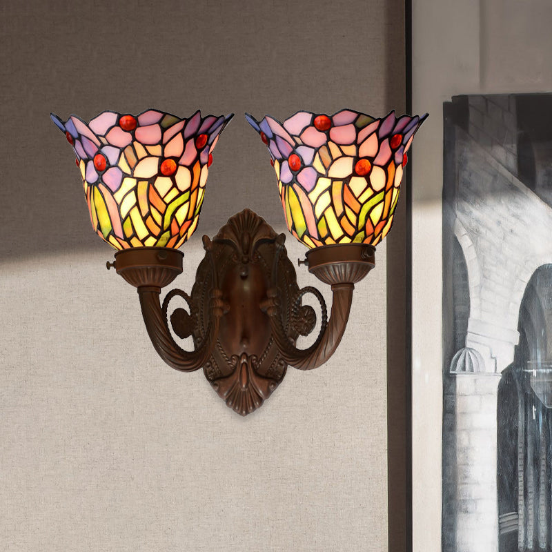 Pink/Blue Flared Wall Sconce Lighting Mediterranean 2 Heads Hand Cut Glass Wall Light Fixture with Fruit Pattern