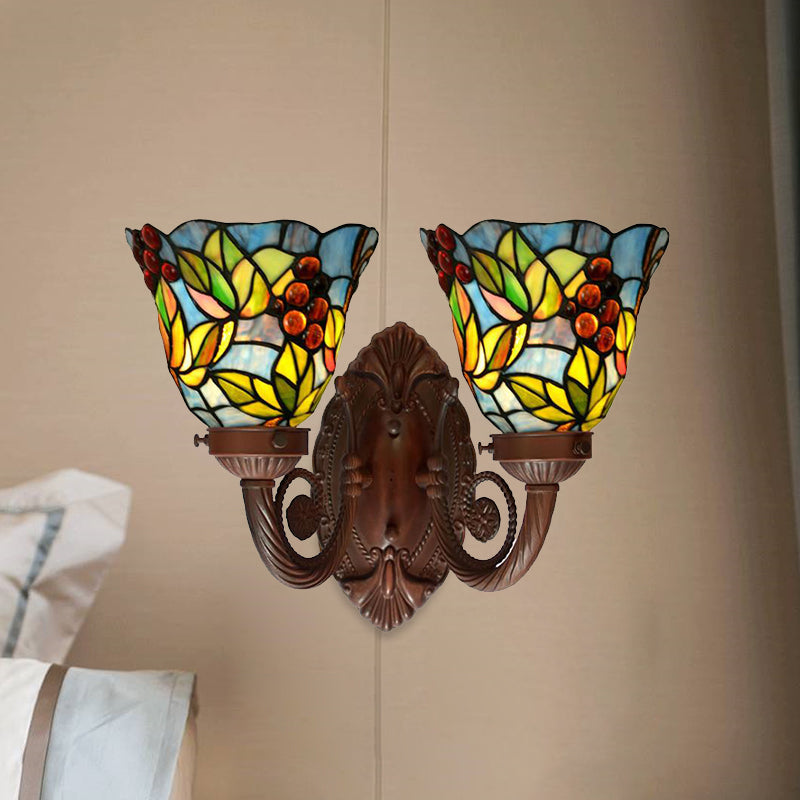 Pink/Blue Flared Wall Sconce Lighting Mediterranean 2 Heads Hand Cut Glass Wall Light Fixture with Fruit Pattern