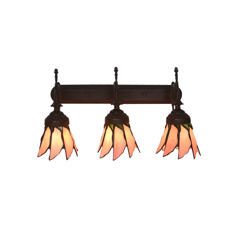 Mission Flower/Morning Glory Sconce 3 Lights Pink Glass Wall Mount Light Fixture with Curved Arm for Dining Room