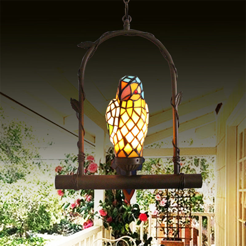Victorian Parrot Wall Mounted Light Mediterranean 1 Light Stained Art Glass Sconce in Yellow with Perch Swing