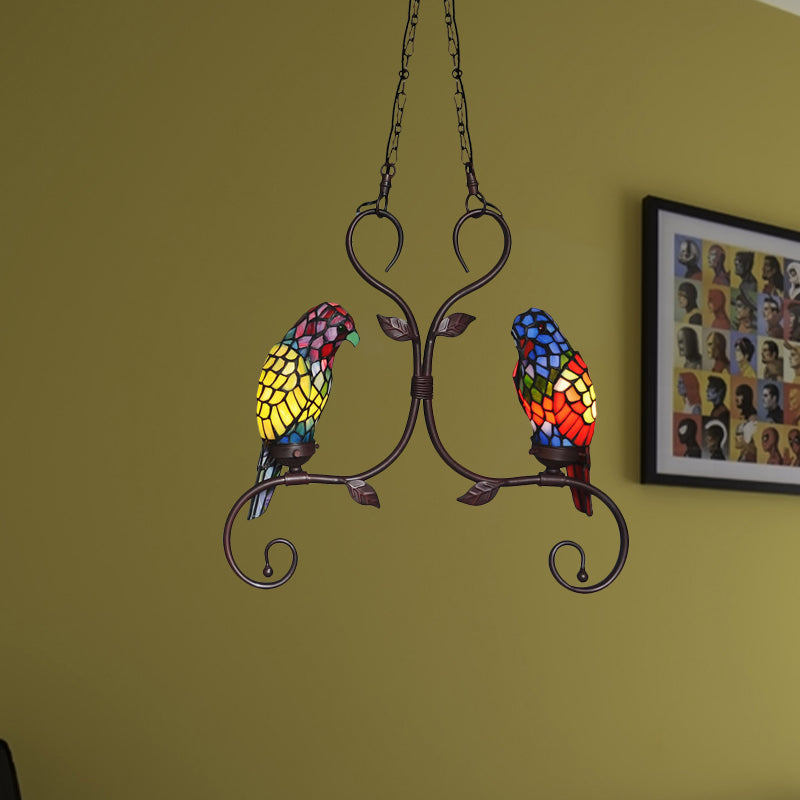 Lustre de plafond en verre coupé Baroque 2 têtes Éclairage de pendentif en bronze avec cadre défilé