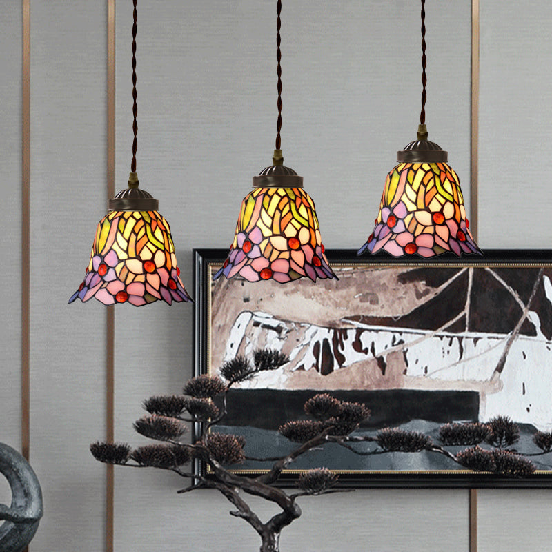 3-Licht-Speisesaal Multi-Pendelleuter leichter mediterraner rosa/blau/grün hängende Lampe mit ausgestattetem/kuppelfleckigen Glasschatten