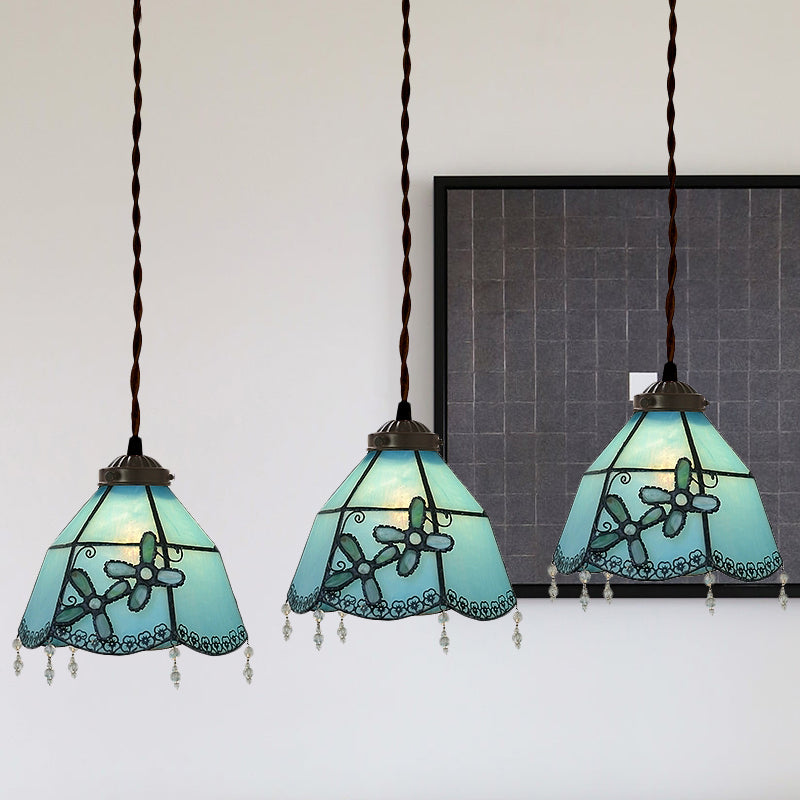 3-Licht-Speisesaal Multi-Pendelleuter leichter mediterraner rosa/blau/grün hängende Lampe mit ausgestattetem/kuppelfleckigen Glasschatten