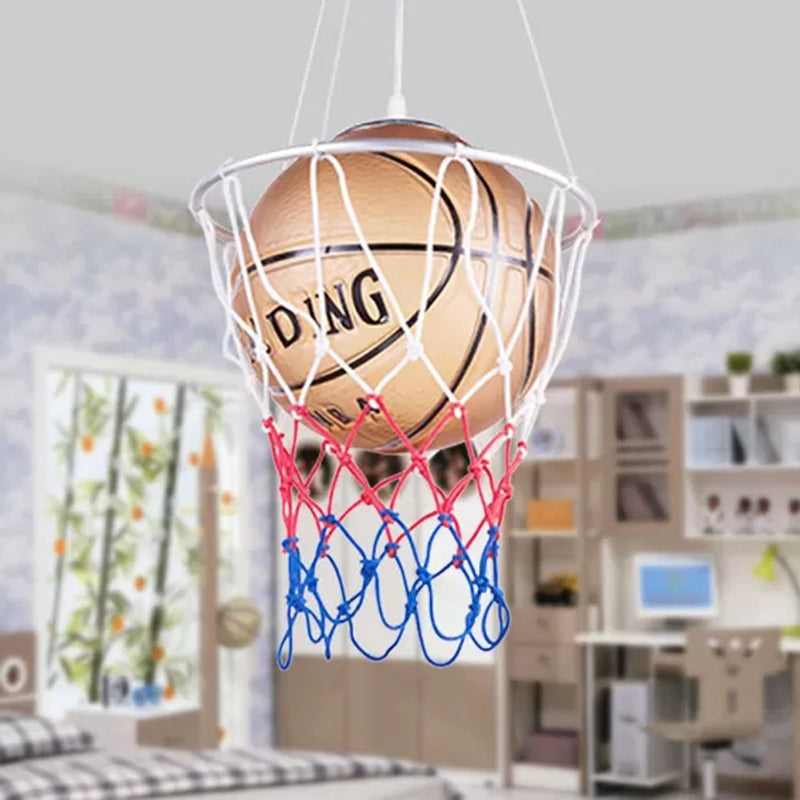 Glass Basketball Pendant Light with Basket Hoop 1 Head Sport Hanging Lamp in Brown for Bedroom