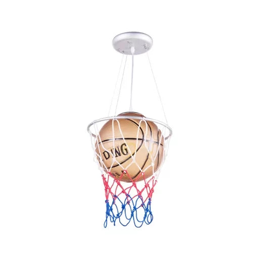 Glass Basketball Pendant Light with Basket Hoop 1 Head Sport Hanging Lamp in Brown for Bedroom