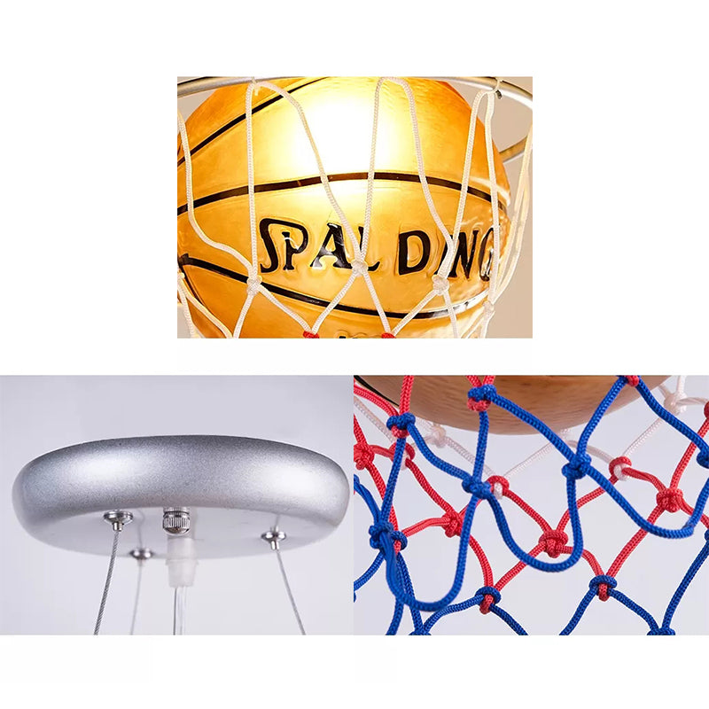 Glass Basketball Pendant Light with Basket Hoop 1 Head Sport Hanging Lamp in Brown for Bedroom