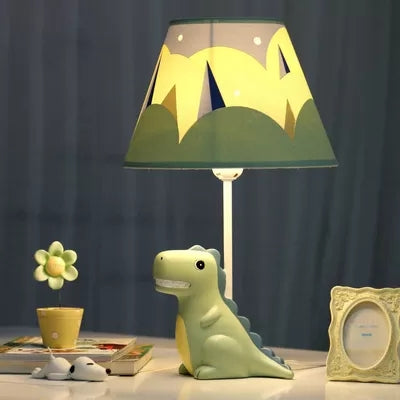 Lampada da tavolo con dinosauro verde Grin, 1 lampadina, lampada da tavolo in resina per bambini con paralume in tessuto per cameretta