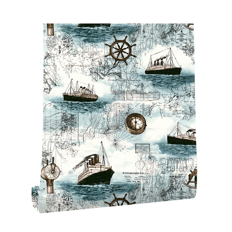 Boat and Map Wallpaper for Kids Sailing Adventure Stain-Resistant Self-Adhesive Wall Decor, 17.5-inch x 19.5-foot