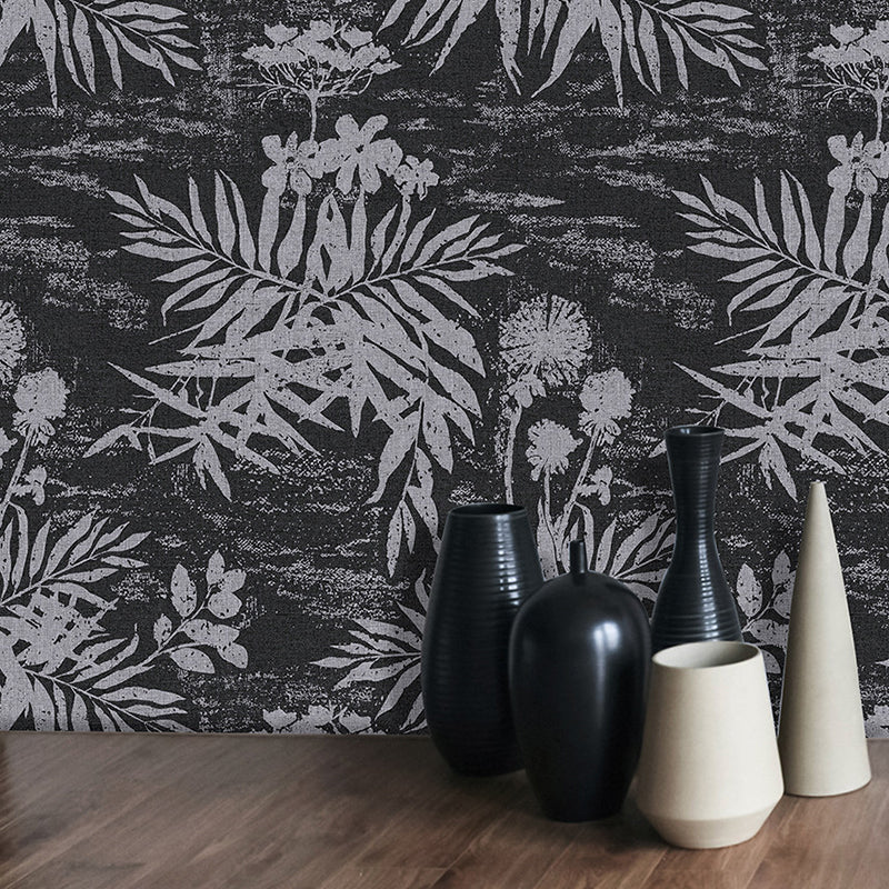 Contemporary Novelty Leave  Wallpaper 33'L x 20.5"W Texture Non-Pasted in Black and White