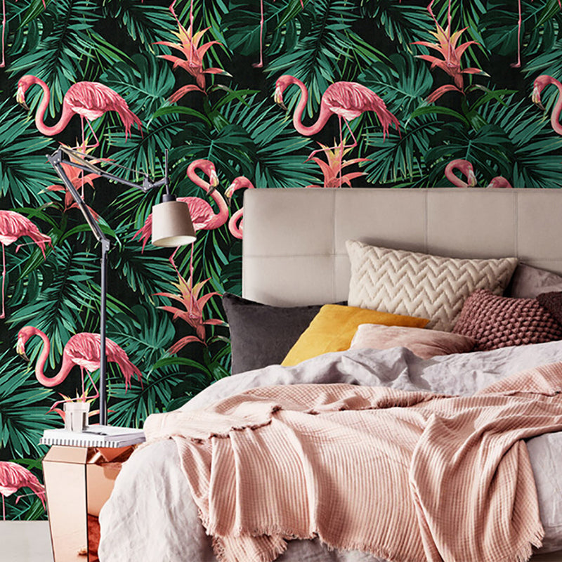 Vinyl 33' by 20.5" Tropical Non-Pasted Flamingo and Botanical Leaf Wallpaper