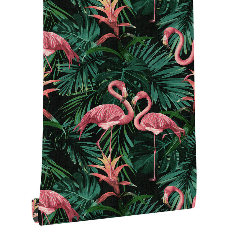 Vinyl 33' by 20.5" Tropical Non-Pasted Flamingo and Botanical Leaf Wallpaper