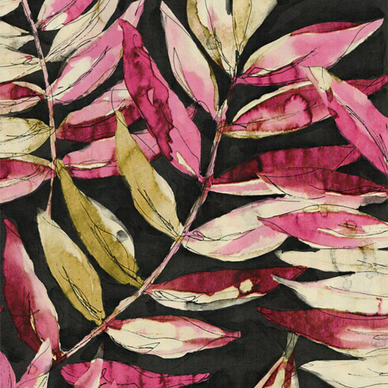 Plaster Wallpaper with Chinese Wash Painting of Leaves, Dyed Red, 33-foot x 20.5-inch