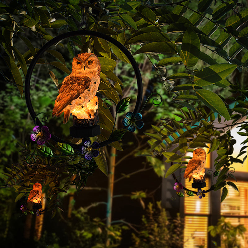 Resin Owl Hanging Pendant Light Modern LED Solar Suspension Lamp with Flower Decor in Brown/White