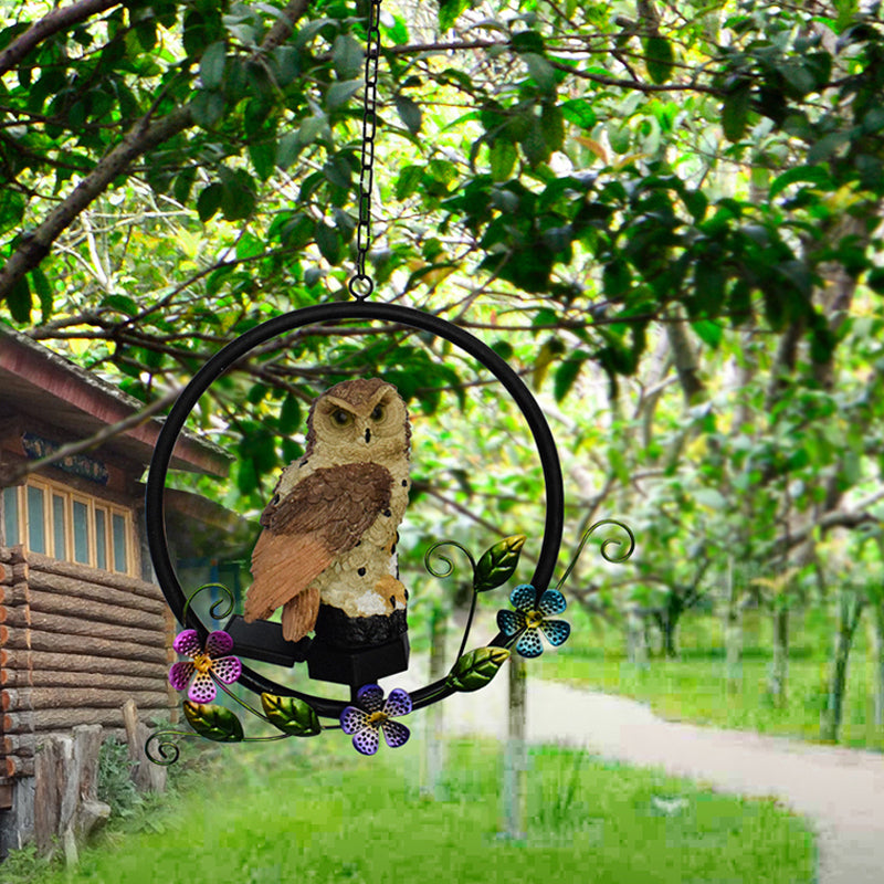 Resin Owl Hanging Pendant Light Modern LED Solar Suspension Lamp with Flower Decor in Brown/White