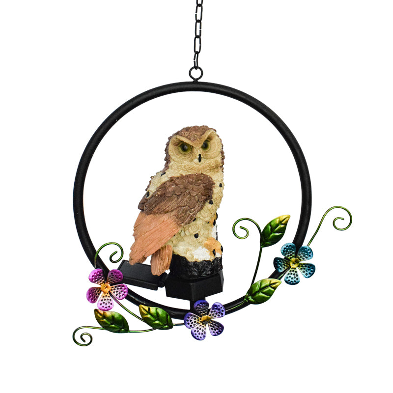 Resin Owl Hanging Pendant Light Modern LED Solar Suspension Lamp with Flower Decor in Brown/White