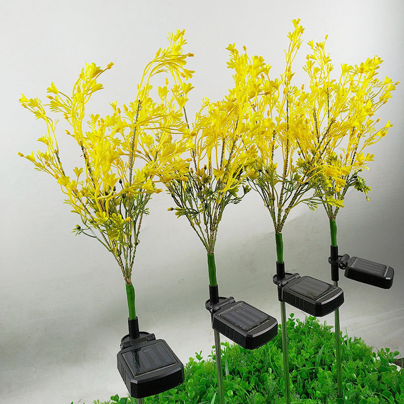 LED Patio Solar Path Lamp Decorative Yellow Ground Light with Cole Flower Fabric Shade, 2 Packs