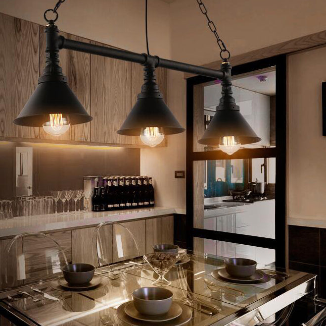 Metallic Piped Island Pendant Lamp with Cone Shade Antique Style 3 Heads Kitchen Island Light Fixture