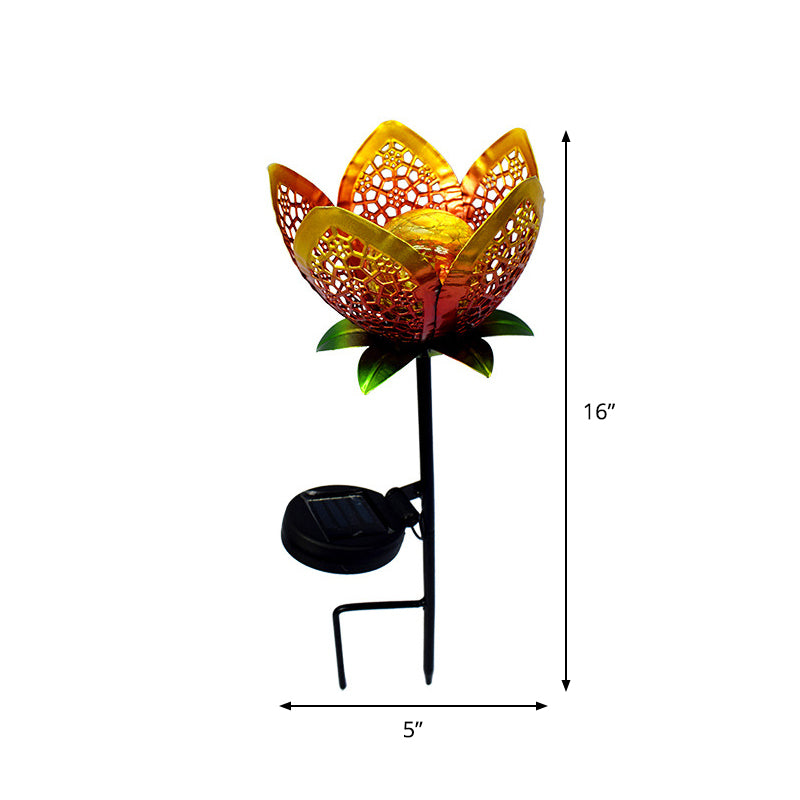 Gold Flower Ground Plug Light Decorative Iron Solar Powered LED Pathway Lamp for Garden, 2 Packs